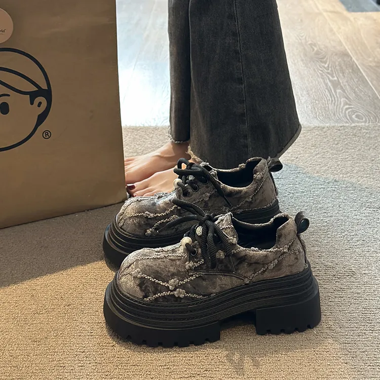 系带增高保暖冬季图腾单鞋乐福鞋休闲小众复古夏季厚底鞋子