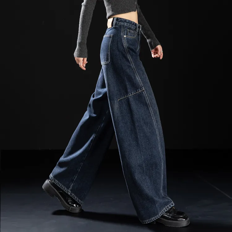 深蓝色加绒牛仔裤女款爆款2025新款秋冬加厚直筒裤宽松弯刀阔腿裤