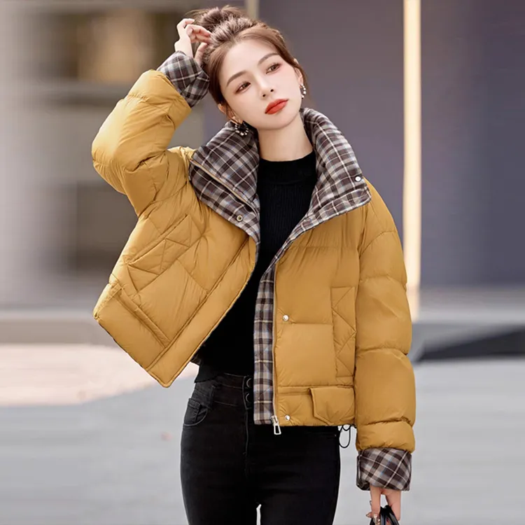 超好看小众洋气短款羽绒棉服女士冬季新款高级感格子撞色立领外套