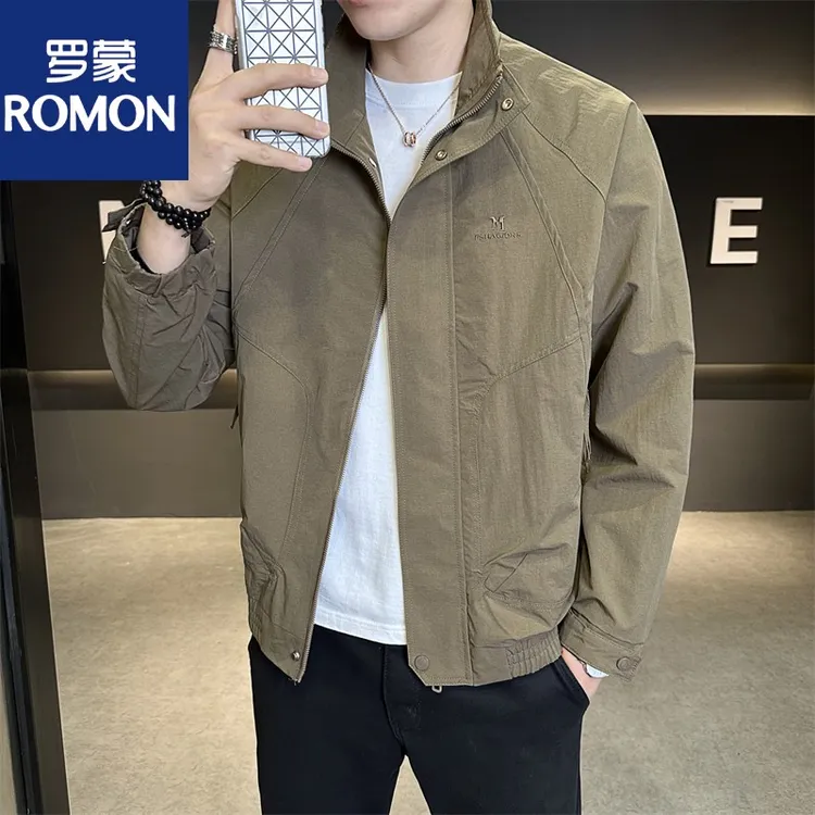 Romon/罗蒙秋季短款刺绣拼接流线潮流休闲男士工装夹克男外套立领