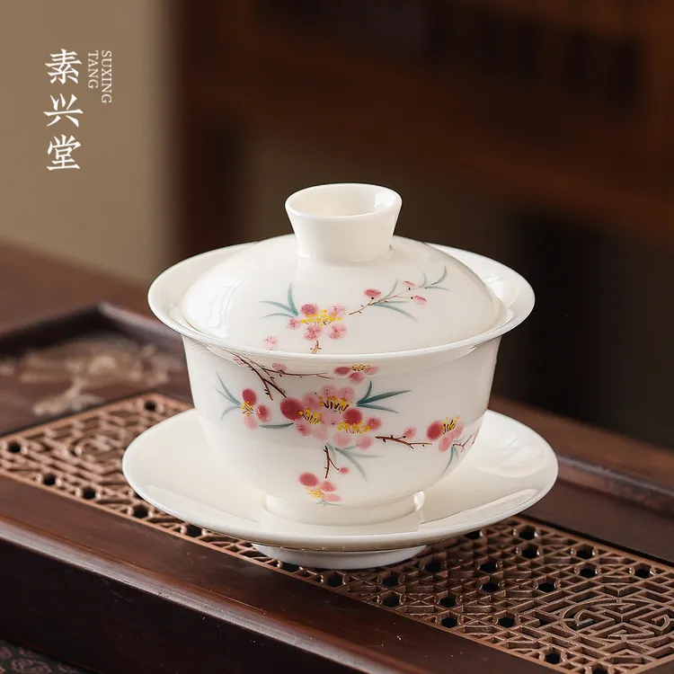 素兴堂羊脂玉瓷手绘青花盖碗茶杯高档陶瓷女士单个悬停三才泡茶碗