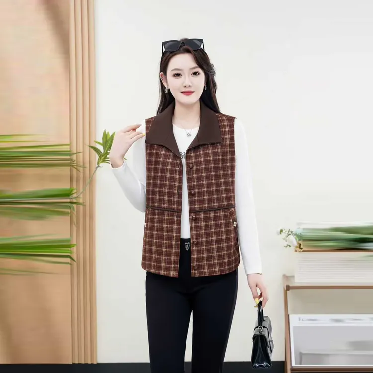 薄款立领短款福态风中老年女装格子马甲女装马夹背心