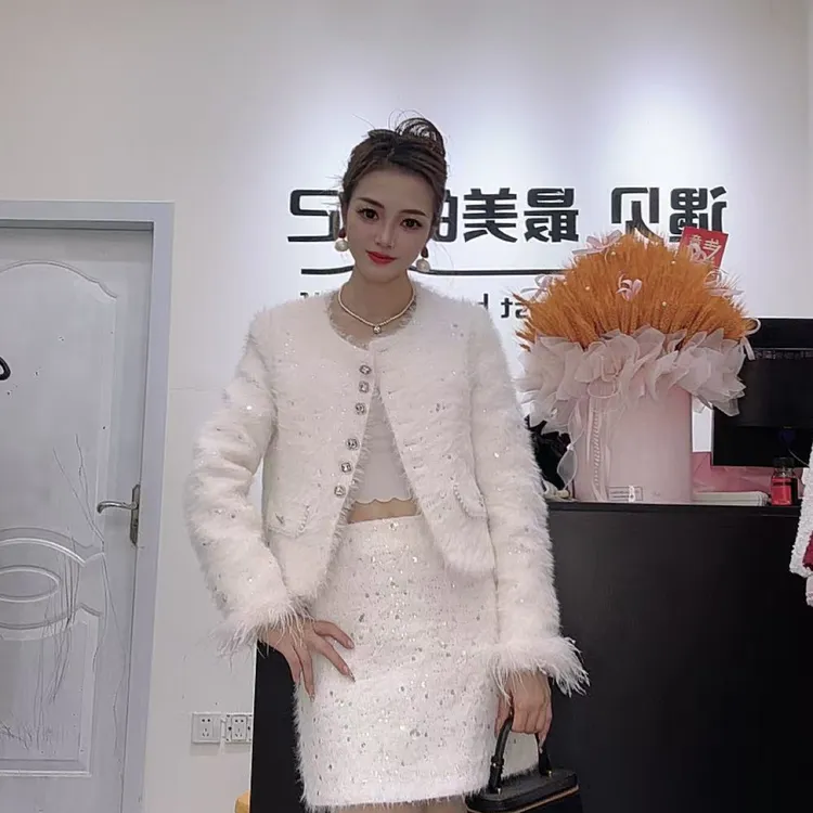 秋冬新款小香风亮片高腰A字百搭显瘦半身裙