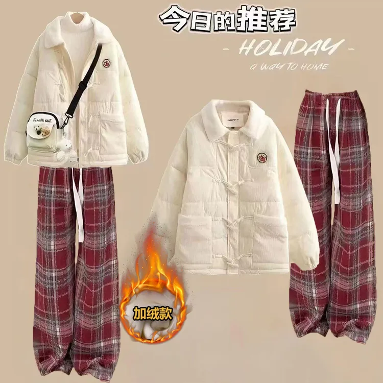 过年氛围感衣服套装少女棉服外套格子裤两件套女冬季加厚保暖穿搭