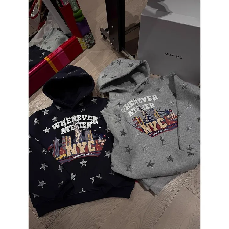 美式复古星星满印加绒加厚连帽卫衣女秋冬2025新款宽松慵懒风外套