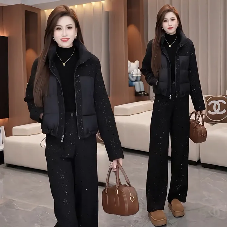 时尚套装女2025冬季新款亮片毛呢拼接棉服外套直筒阔腿裤两件套潮