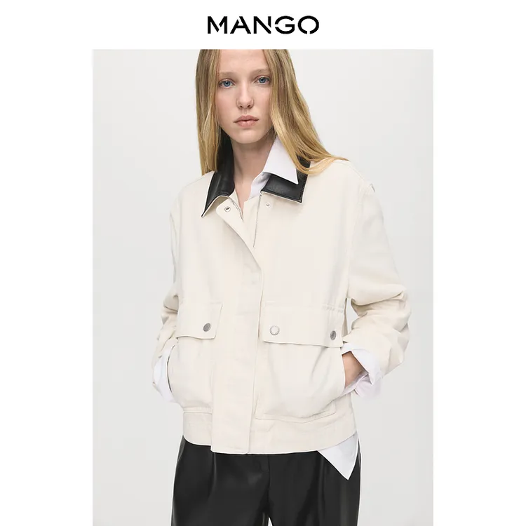 MANGO女装短外套2025冬新款复古撞色皮革拼接翻领外套17054092