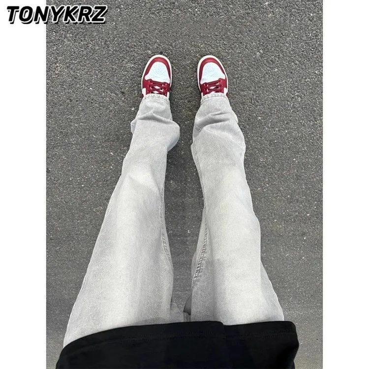 TONYKRZcleanfit烟灰色牛仔裤男美式修身弹力直筒裤子显高微喇裤