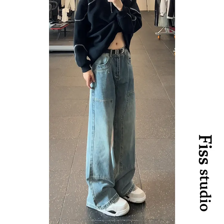 美式复古阔腿牛仔裤男秋冬新款设计感口袋宽松显瘦百搭直筒长裤子