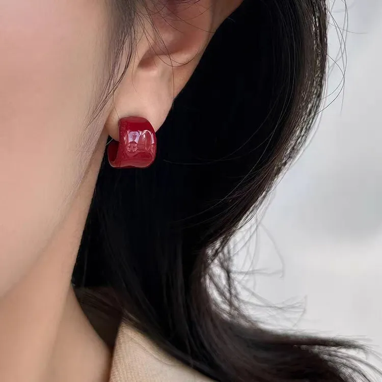 合金耳饰 法式珐琅C形耳环红色复古港风高级感耳圈简约气质