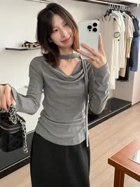 【阿凯自制】8429 韩系荡领飘带小心机显瘦T恤上衣（衣长54）