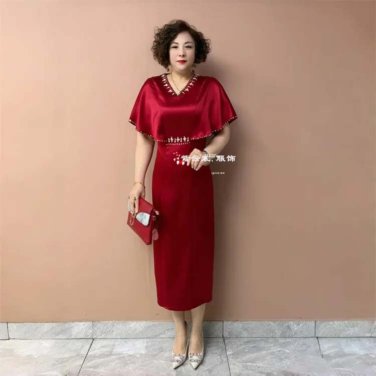 喜妈妈国风婚宴装喜婆婆礼服年轻款新订婚宴会长款气质醋酸连衣裙