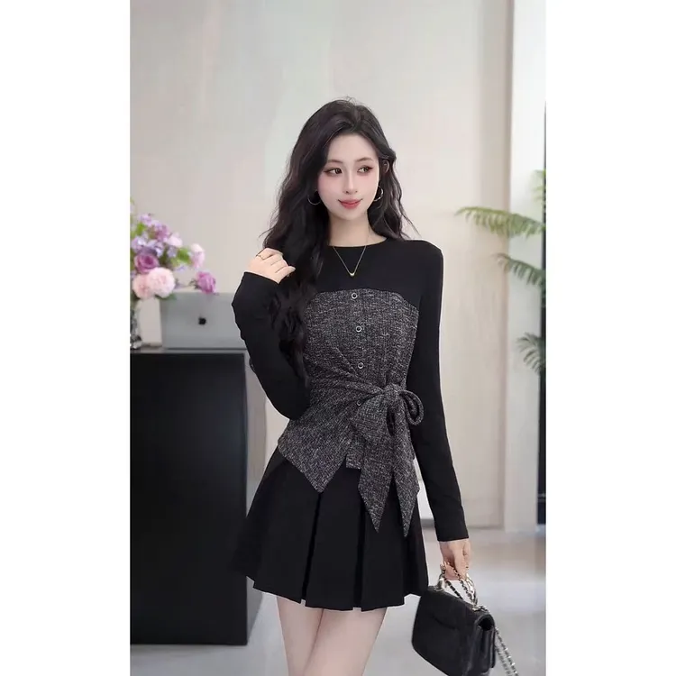 YUANLIANSU/圆脸酥【风落枝眠】千金风拼接蝴蝶绑带圆领上衣女秋季