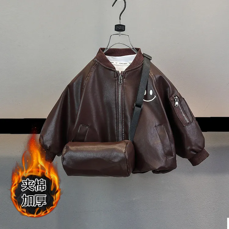 2025年新款秋冬款儿童韩版洋气休闲皮夹克男女宝宝夹棉加厚皮衣潮