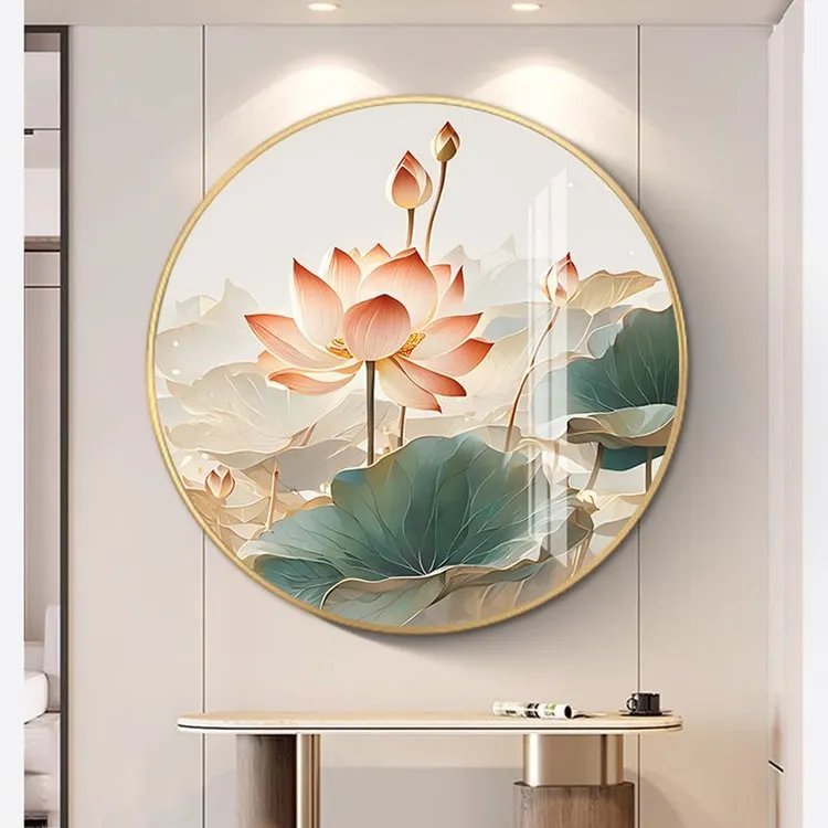 现代简约圆形装饰画新中式入户玄关茶室壁画走廊荷花过道客厅挂画