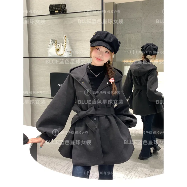 冬季新款毛呢外套女时尚显瘦百搭灯笼袖外套女小个子呢子大衣爆款