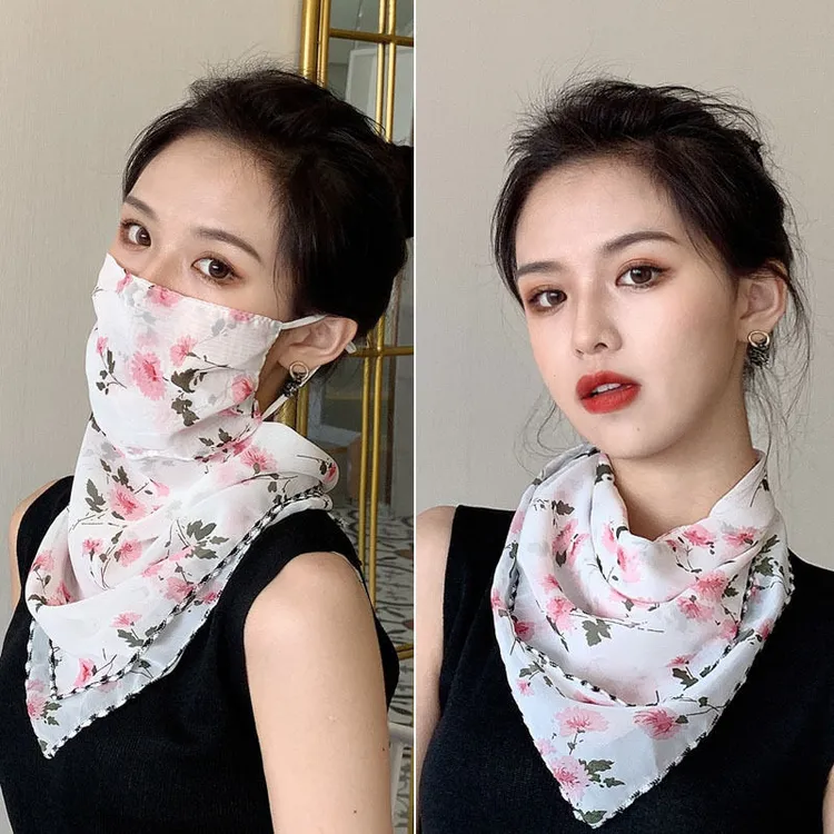 夏季面纱冰丝透气时尚护脸三角丝巾女挂耳围脖套护颈围巾薄款户外