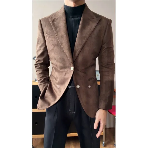 秋冬新款老钱风硬派麂皮绒戗驳领单西外套男士修身高级感970
