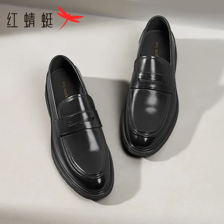 红蜻蜓夏季乐福鞋男鞋新款一脚蹬商务正装皮鞋黑色皮鞋男男士透气