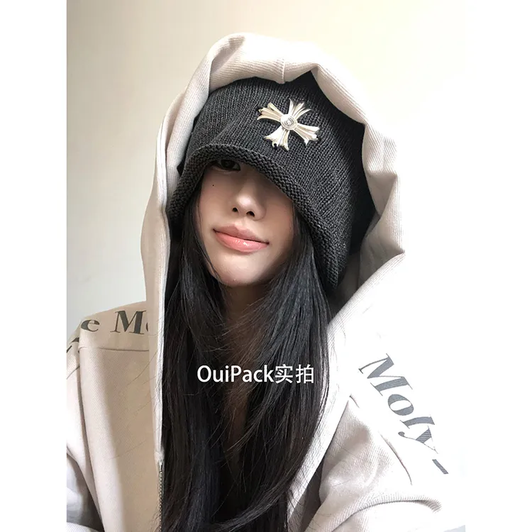 韩系复古十字架堆堆冷帽女秋冬新大头围显脸小针织包头帽