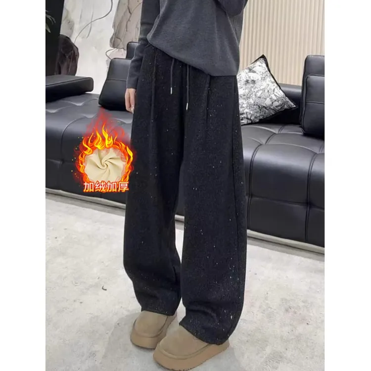 2025冬季新款加绒加厚保暖休闲裤女满印撒银抽绳百搭显瘦阔腿裤女