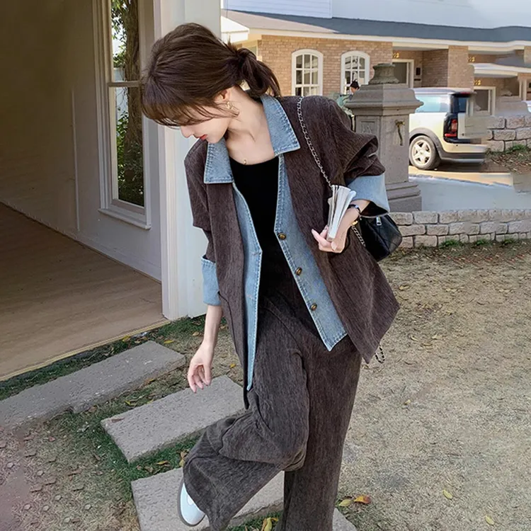 栗色韩版气质牛仔拼接假两件西装上衣套装女2025春季阔腿裤两件套