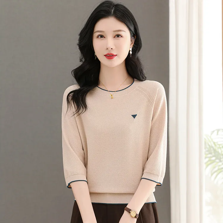 春秋薄款针织衫女宽松打底小衫女款洋气上衣女针织衫打底衫七分袖