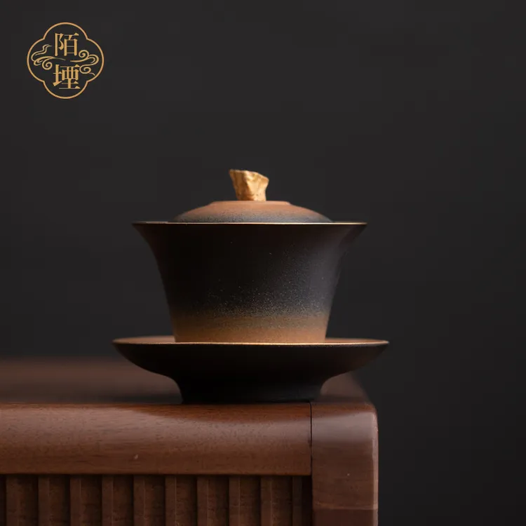 陌堙 复古渐变粗陶三才盖碗功夫茶具高档描金不烫手泡茶碗单茶具