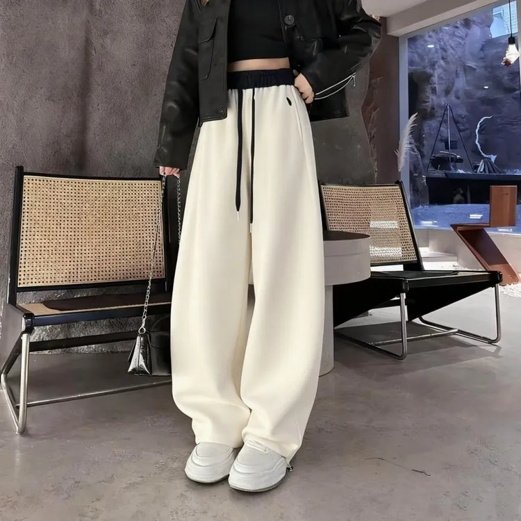 爆款高腰束脚两穿拼色刺绣原标原版阔腿卫裤女士裤两穿拖地裤2559