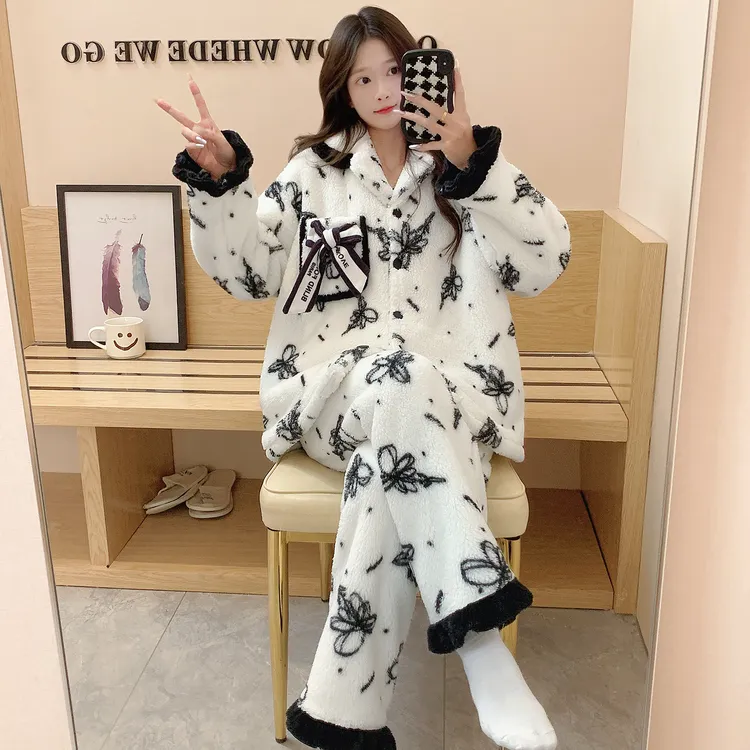 加绒加厚冬季睡衣女长袖长裤蝴蝶结高级感爆款少女保暖家居服套装
