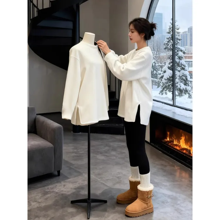 冬季宽松内搭T恤白色百搭德绒打底衫女秋冬新款中长款遮屁股保暖