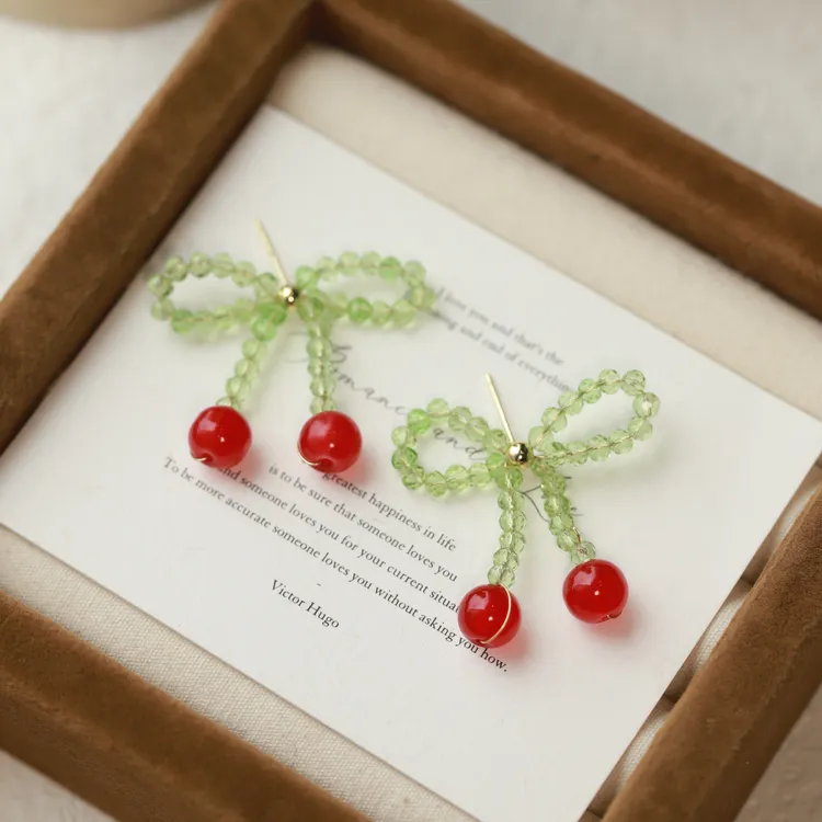 合金耳饰 小清新手工串珠樱桃蝴蝶结耳钉甜美时尚百搭耳环女简约