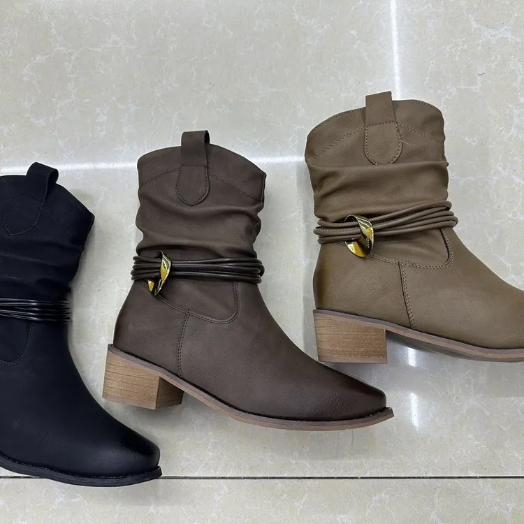 粗跟尖头褶皱美拉德风堆堆短靴女秋冬加绒百搭