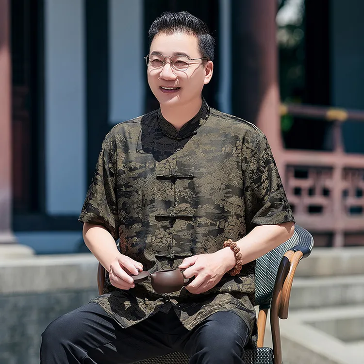 中老年人唐装男款新中式国风夏季衣服爷爷薄短袖爸爸冰丝夏装套装