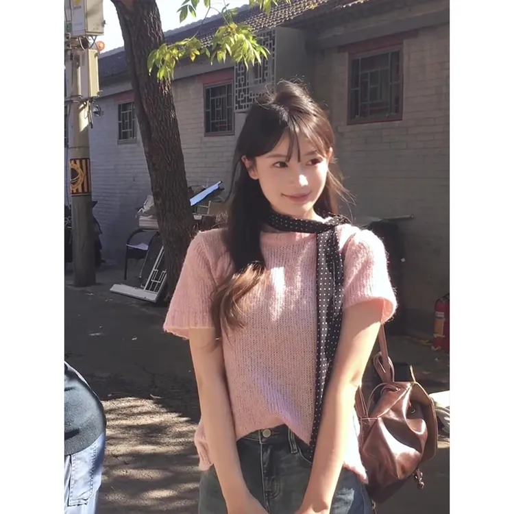 MARIE.COCO甜美风粉色圆领短袖针织衫上衣女夏季复古牛仔裤两件套