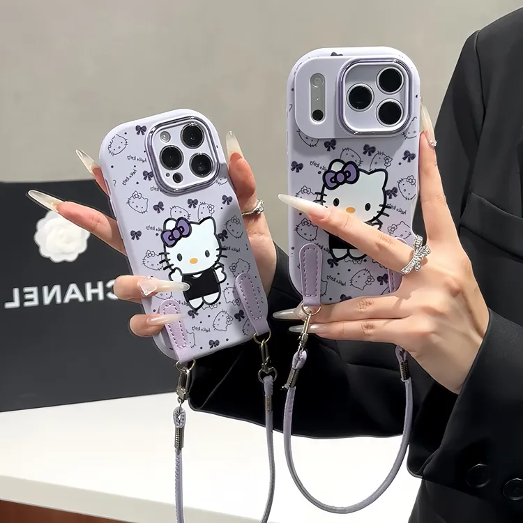 雅天立简约紫色KT猫挂绳适用苹果16/17/15手机壳华为vivoppo小米
