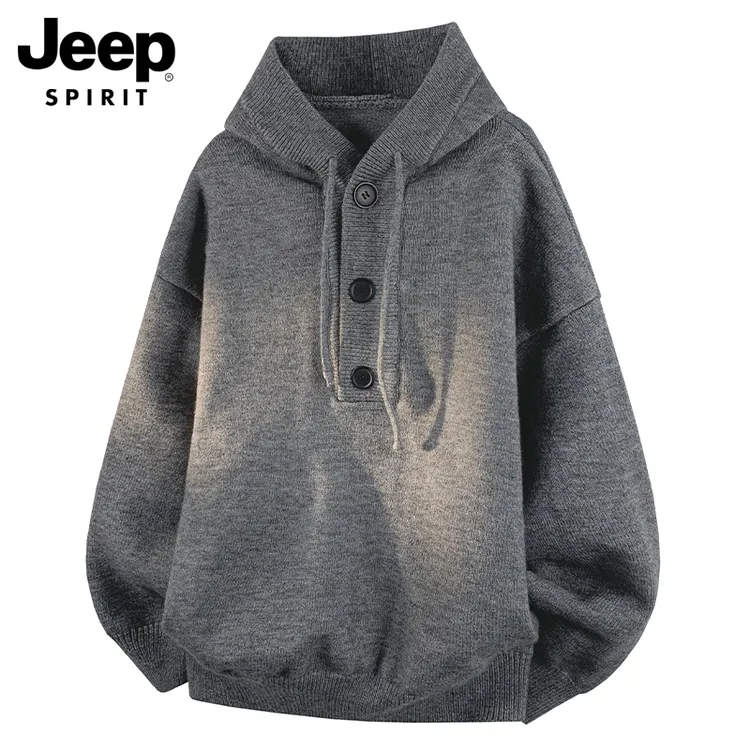 JEEPSPIRIT吉普连帽针织衫男款半开领秋季宽松百搭男士毛衣外套男
