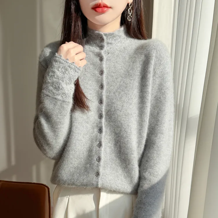 100%纯羊毛衫女秋冬新款半高领钩花花边袖针织衫女保暖毛衣外套