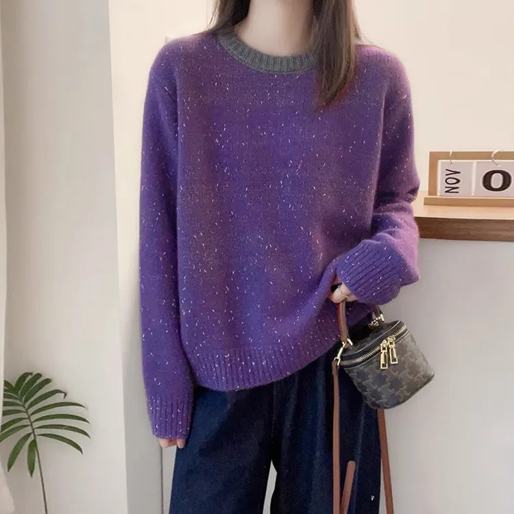 秋冬圆领宽松亮片毛衣新款纯色休闲针织衫慵懒百搭打底针织上衣潮