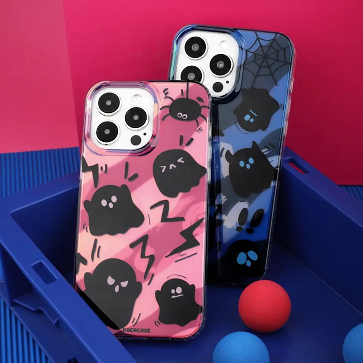 昆虫大战小幽灵情侣镭射手机壳粉蓝色原创适用苹果16iPhonepromax