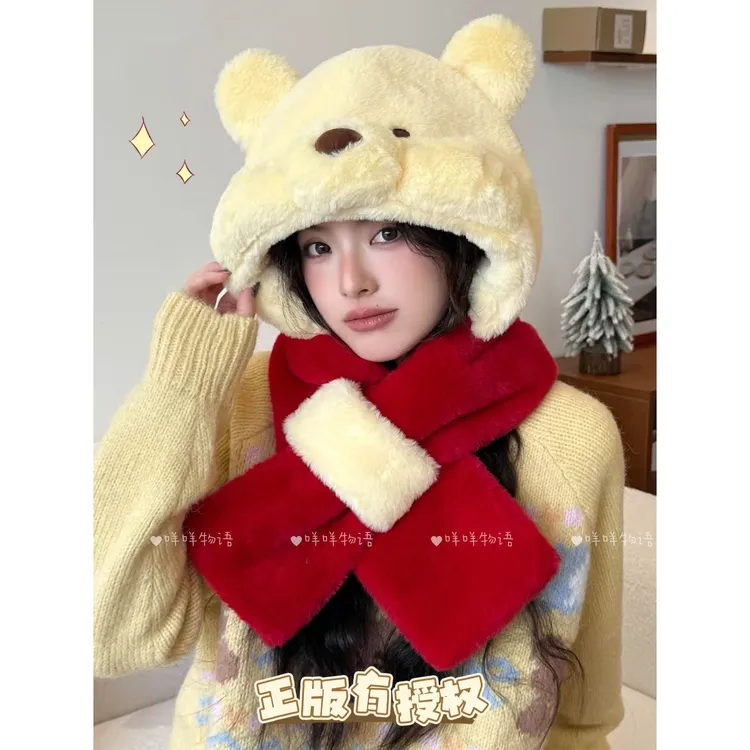 迪士尼正版可爱卡通维尼熊毛绒帽子围巾一体女冬季保暖加厚防风寒