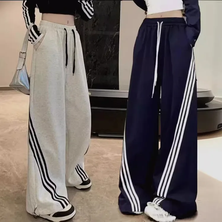 新款高街三条杠阔腿裤运动裤宽松型薄款男女直筒垂感女孩卫裤长裤