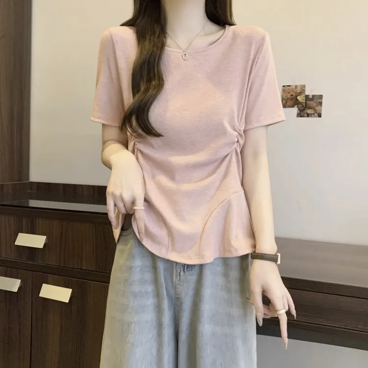 大码正肩短袖T恤女夏季胖mm遮肚子收腰显瘦皱褶上衣别致漂亮小衫