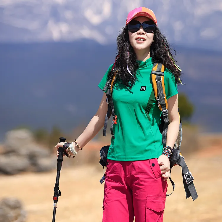 雪丘岛户外2025新款速干短袖t恤吸汗透气出游徒步运动拼色上衣女