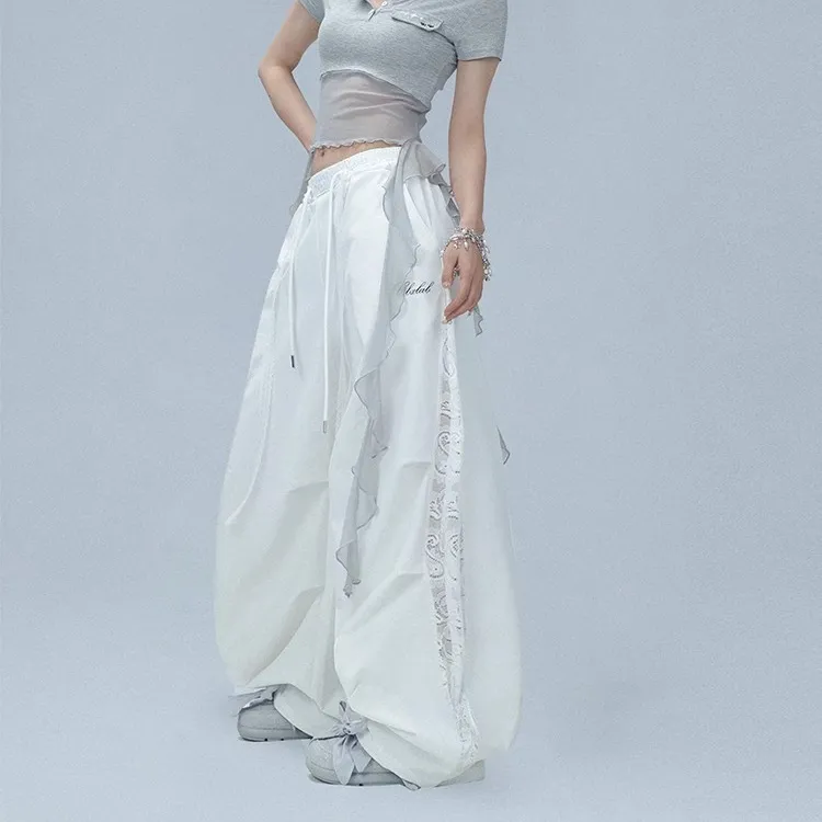 美式街舞潮牌夏季速干蕾丝拼接爵士运动长裤嘻哈甜酷辣妹休闲裤