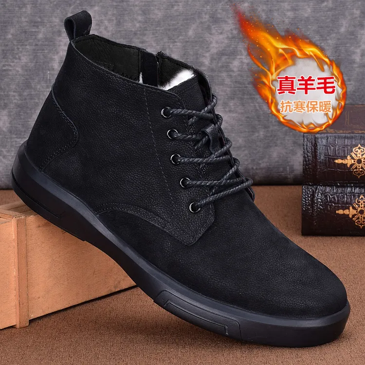 CATIA SELI冬季加绒保暖棉靴纯羊毛皮鞋男士棉鞋真皮高帮马丁靴