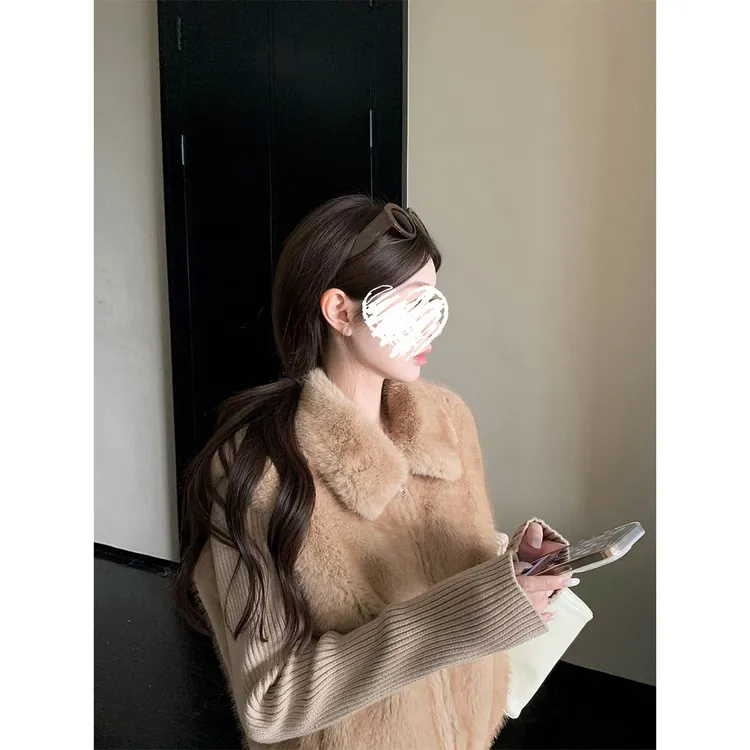 Miss sumeyY4067自制小暖炉环保皮草毛毛外套女气质针织拼接上衣