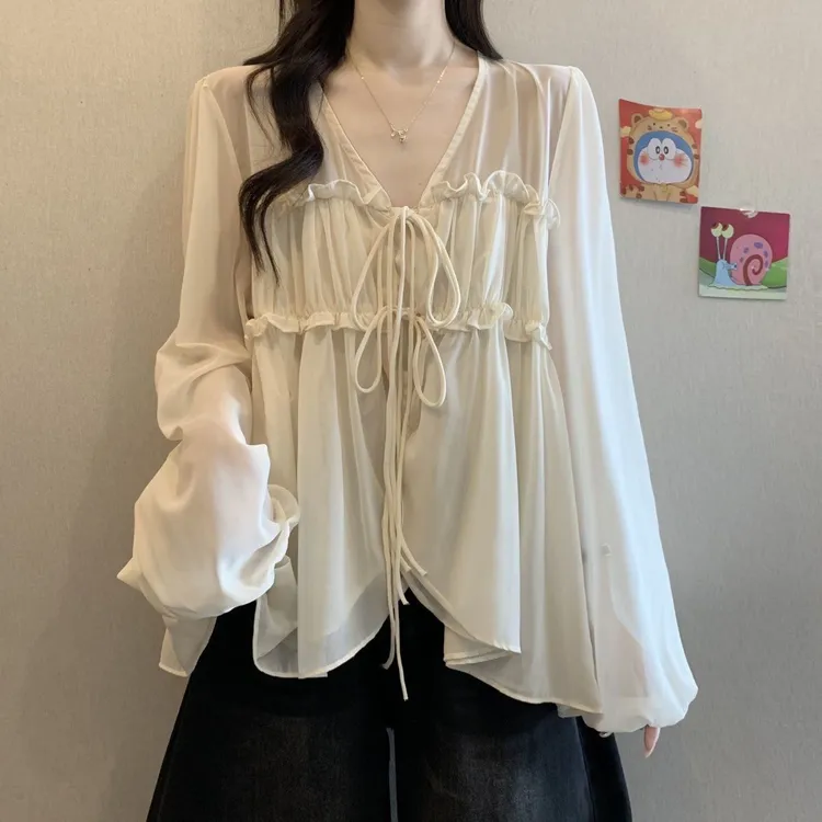 大码女装法式不规则V领雪纺防晒上衣夏季胖mm遮肚显瘦