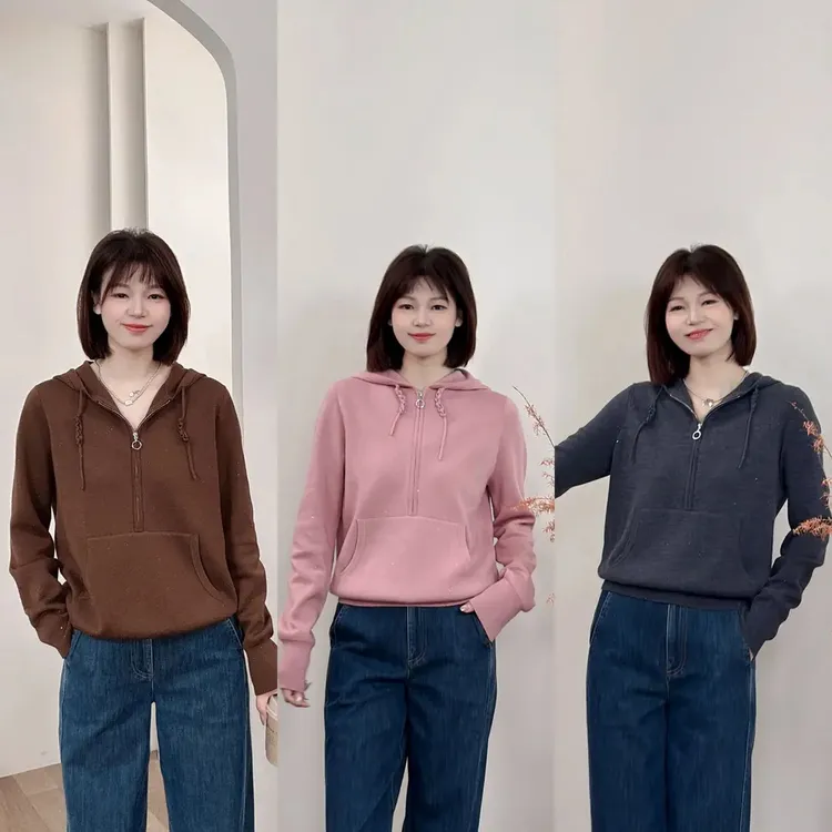 AMASS/阿玛施秋冬质感简约百搭宽松长袖拉链连帽针织衫538083