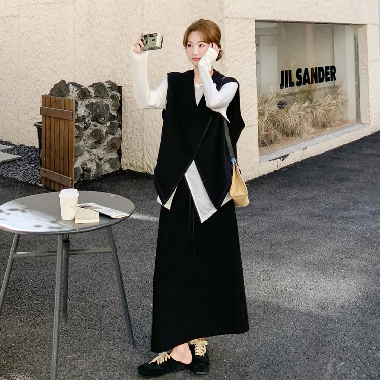 法式气质松弛感套装女2025早秋新款开叉马甲打底衫半身裙三件套